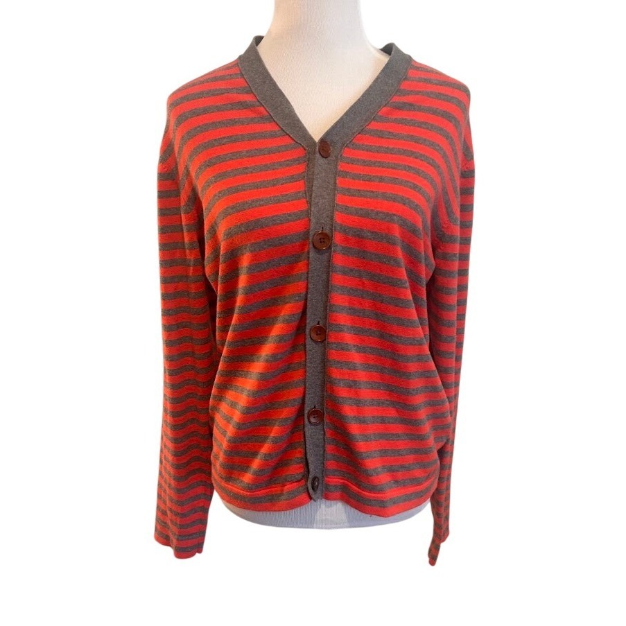 Paul Smith Jeans Womens Orange Grey Stripe V-Neck Button Cardigan Sweater Medium